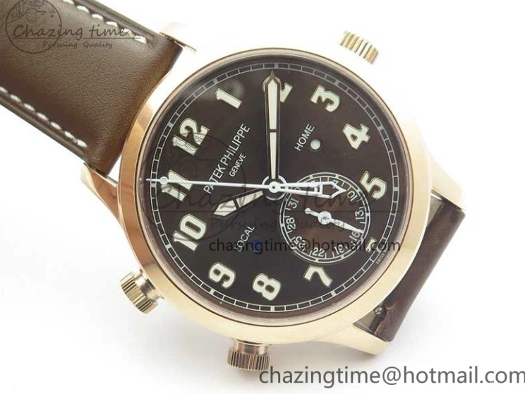 MIROTIME 1219 Calatrava 5524R Pilot Travel Time RG GRF Brown Dial on Brown Leather Strap MIYOTA TopPick 7155